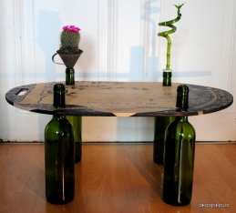 DIY creation: a Feng Shui coffee table made from wine bottles